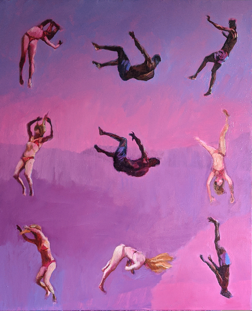Pink oil painting of tumbling black and white acrobats